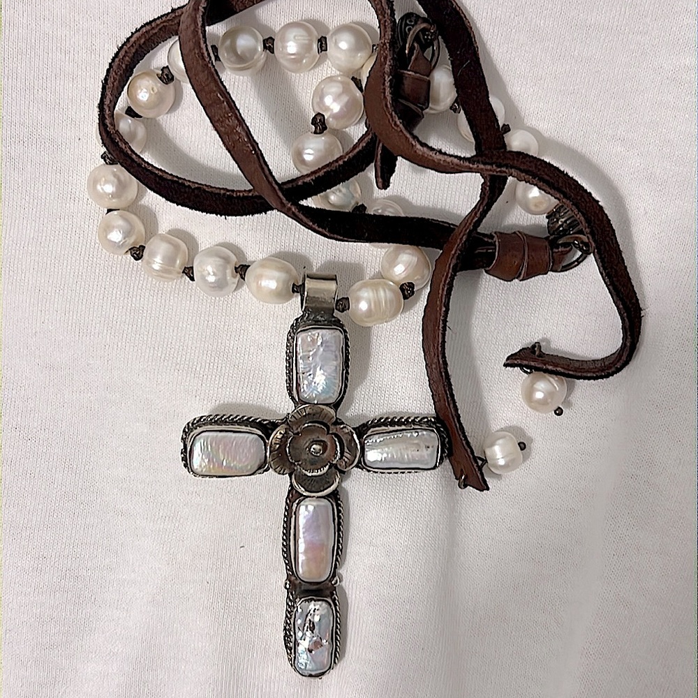 Long Freshwater Pearl Cross Necklace on Adjustable Leather Cord - NEW